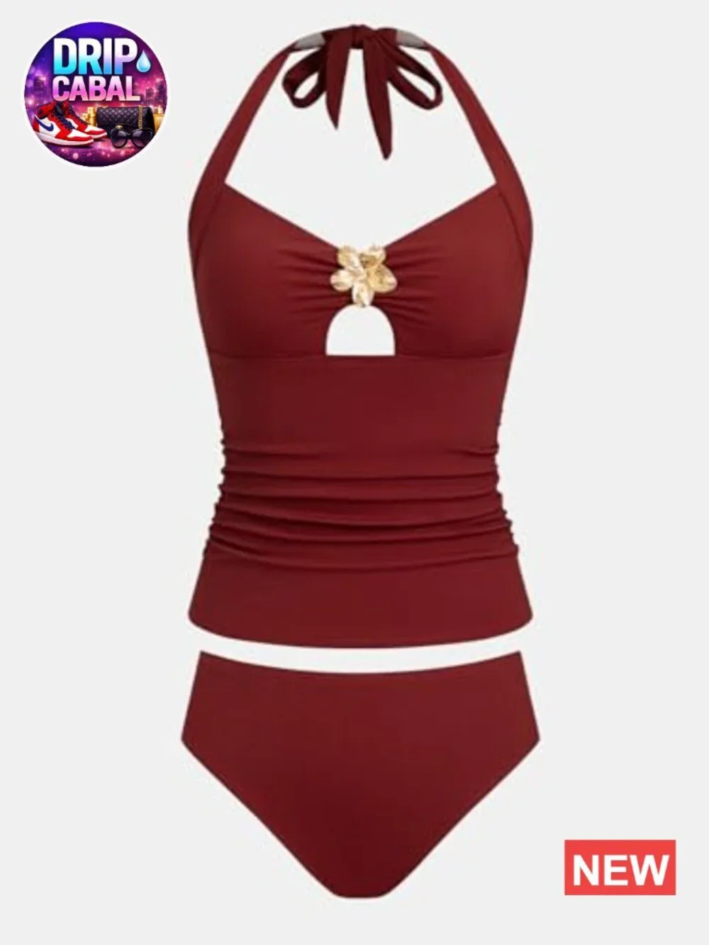 Halter Tankini Set Swimsuit with Removable Soft Cups, Ruched Waist, Cutout Front
